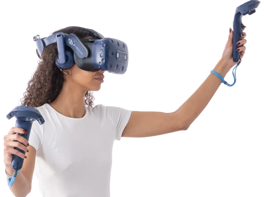 Woman using a virtual reality headset and motion controllers during stroke and neurological rehabilitation therapy.
