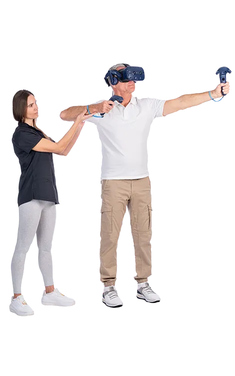 Guided Virtual Reality Therapy for Neurological Rehabilitation - Gardner Physical Therapy Physical therapist assisting a patient using a virtual reality headset and controllers for guided rehabilitation therapy.